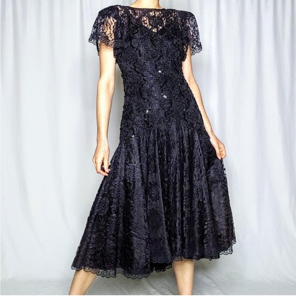 HW Collections USA Womens Vintage 80s Black Lace Long Midi Tea Length Dress 8